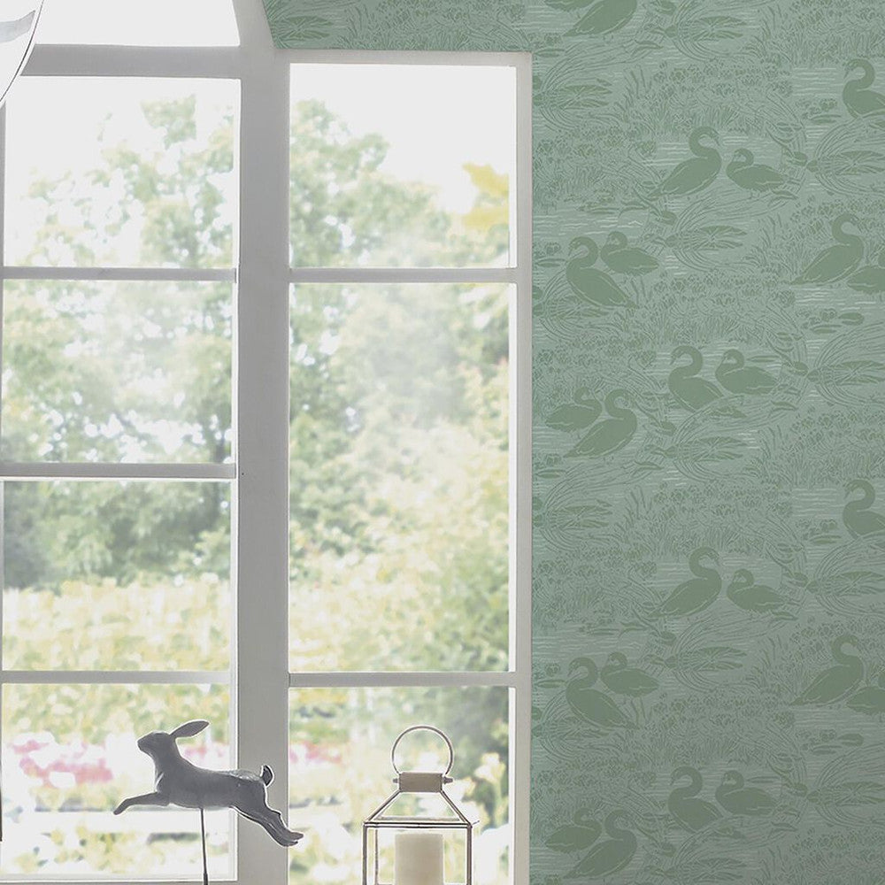 118472 - Swans Wallpaper - Jade Green - Laura Ashley