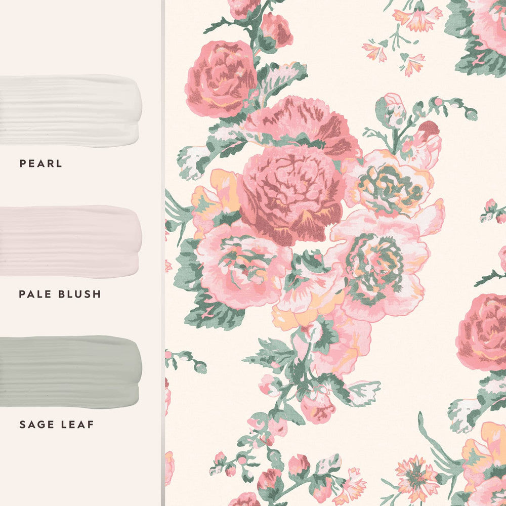 118479 - Hollyhocks Wallpaper - Coral Pink - Laura Ashley