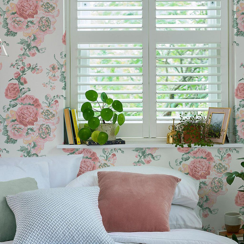 118479 - Hollyhocks Wallpaper - Coral Pink - Laura Ashley