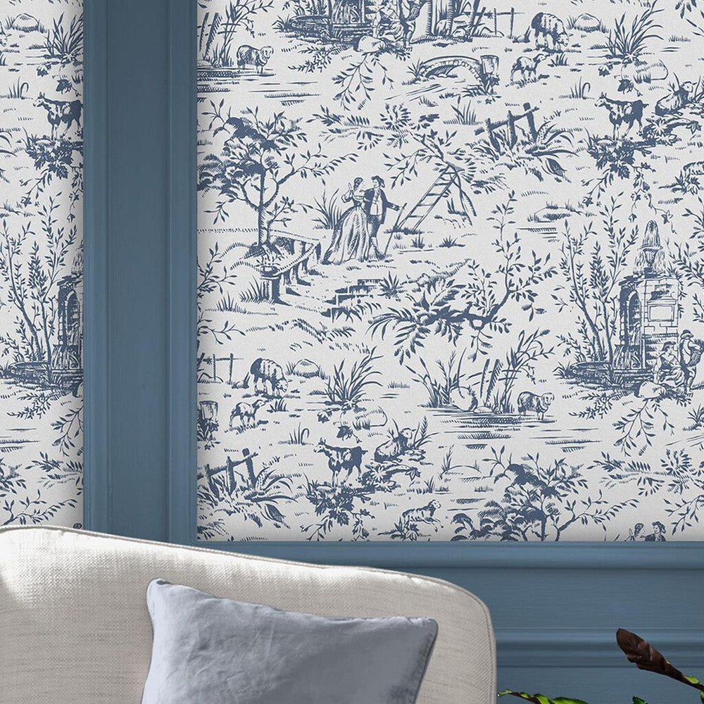 118494 - Toile de Jouy Wallpaper - Dark Seaspray Blue - Laura Ashley