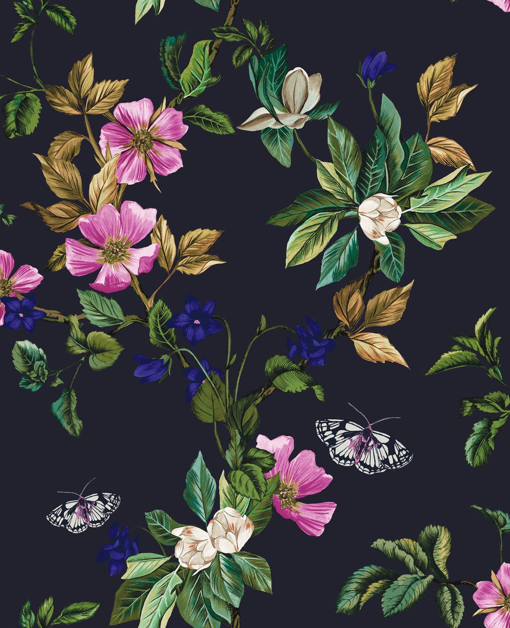 118572 - Wakerly Woodland Floral Wallpaper - French Navy - Joules