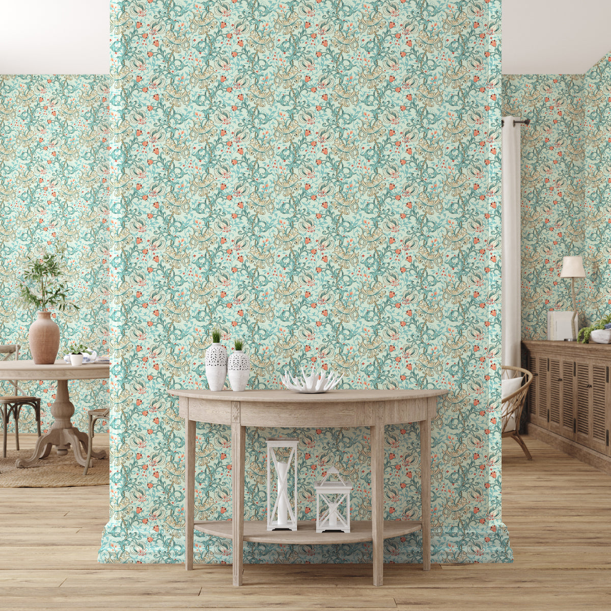 1200 - Anemone Wallpaper - Light Green- Light Blue - Morris Collections