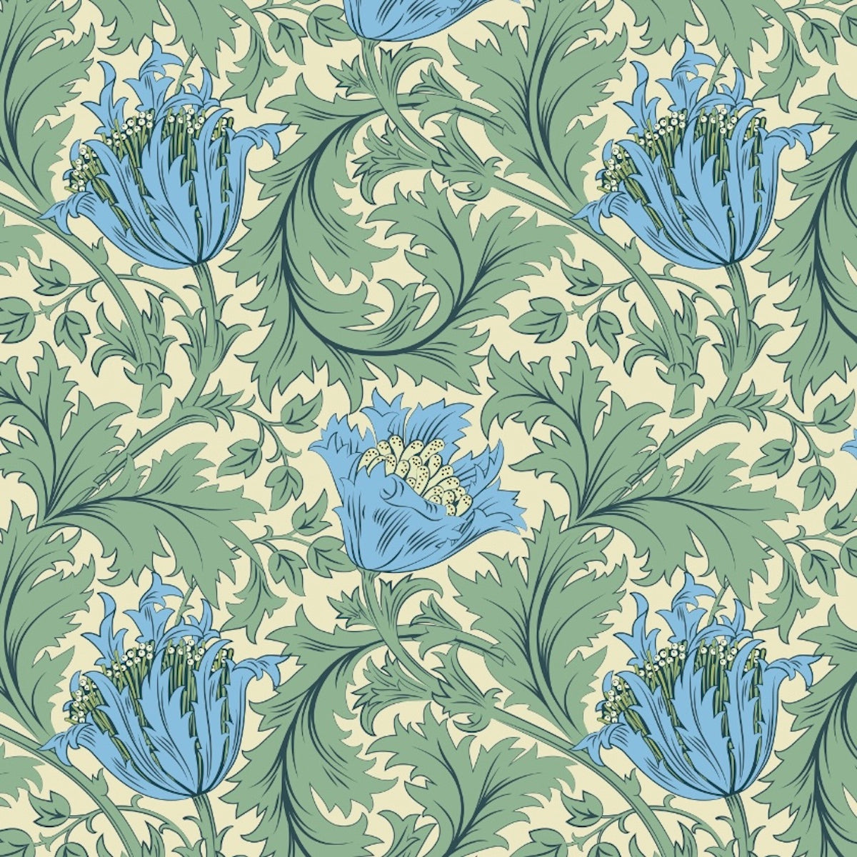 1200 - Anemone Wallpaper - Light Green- Light Blue - Morris Collections