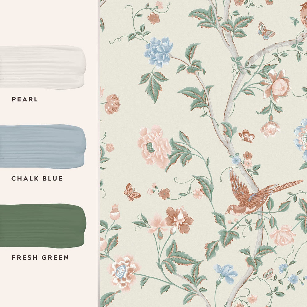 120133 - Summer Palace Wallpaper - Sage & Apricot - Laura Ashley