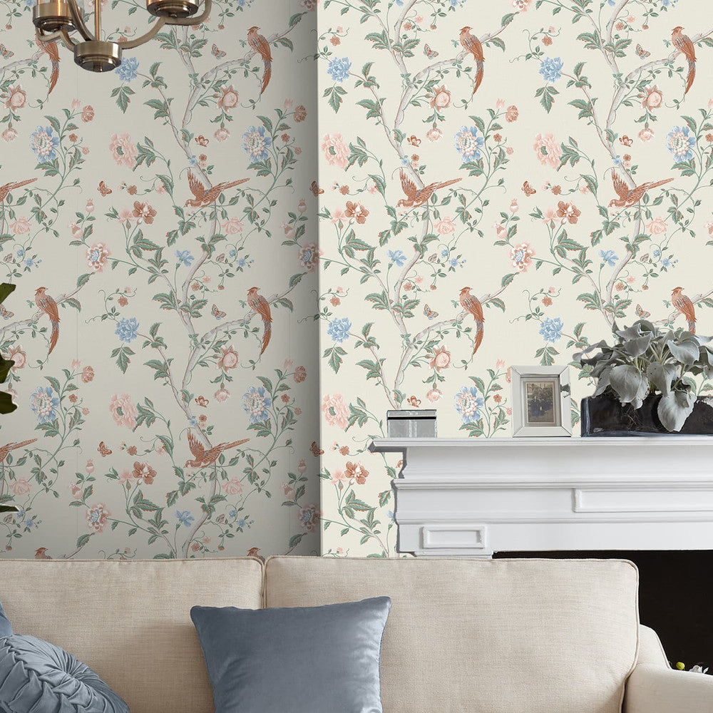 120133 - Summer Palace Wallpaper - Sage & Apricot - Laura Ashley