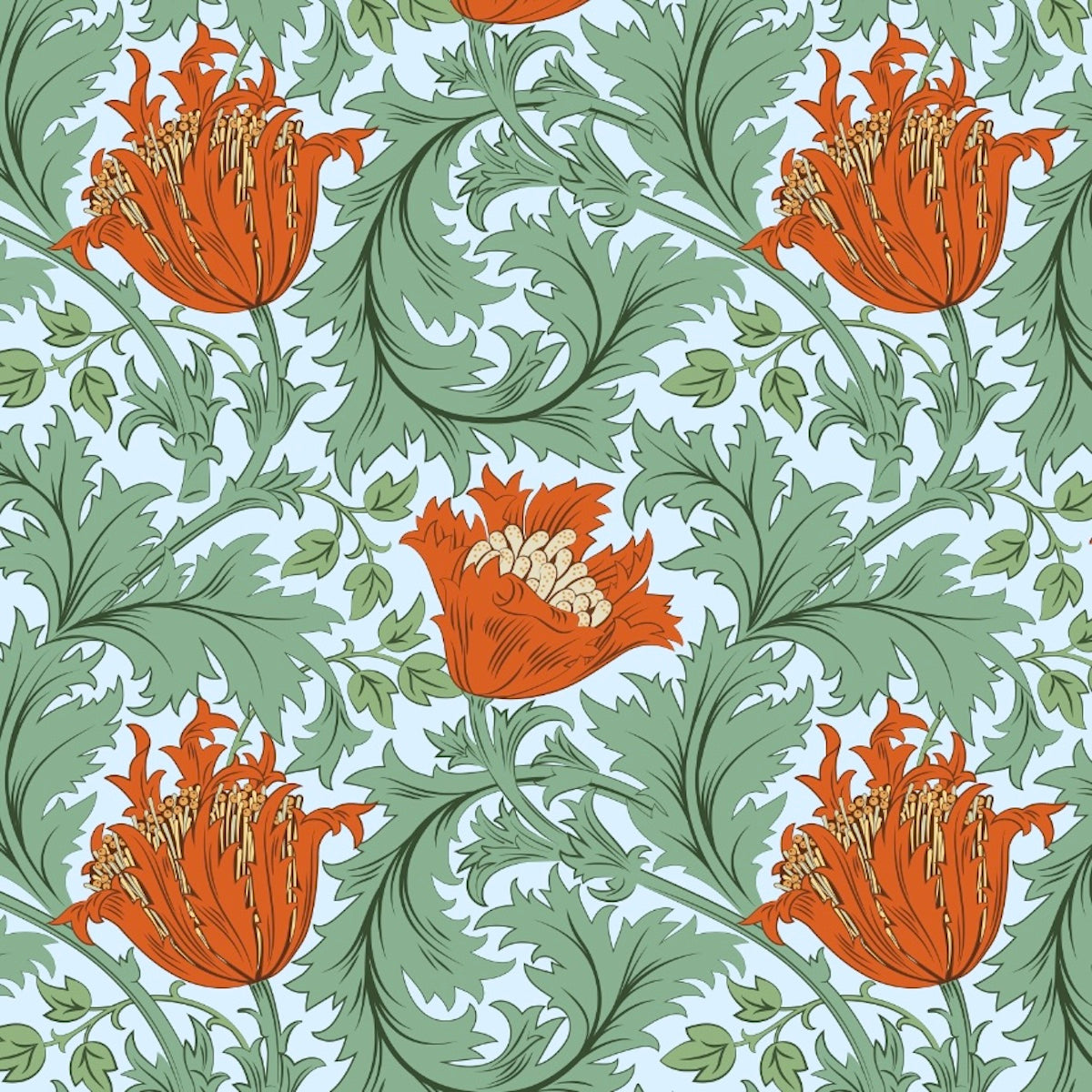 1201 - Anemone Wallpaper - Light Green Orange - Morris Collections