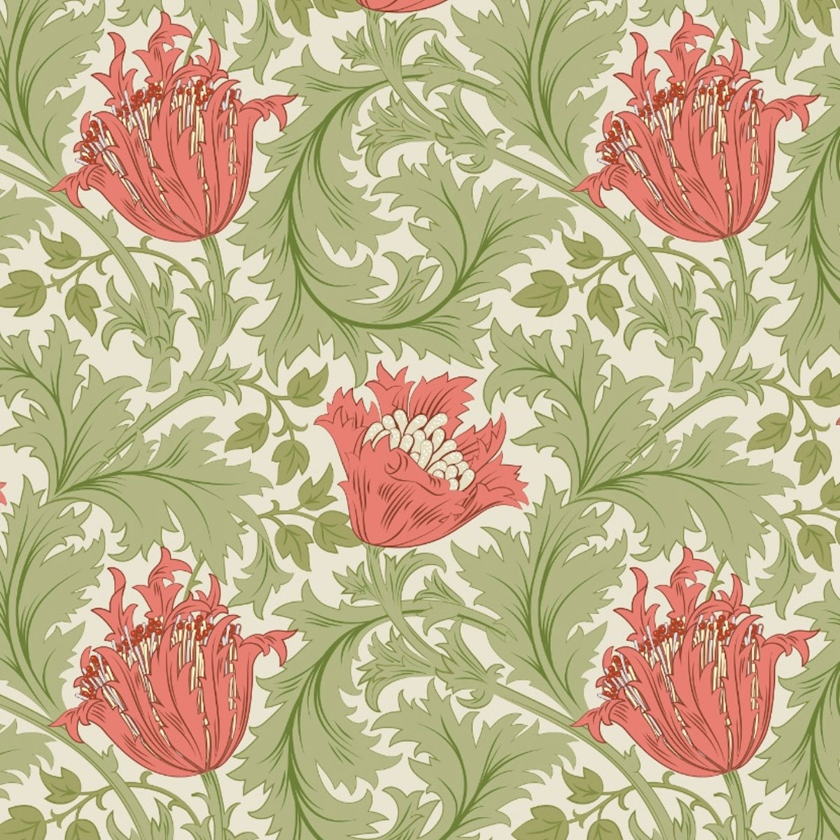1202 - Anemone Wallpaper - Light Green Pink - Morris Collections