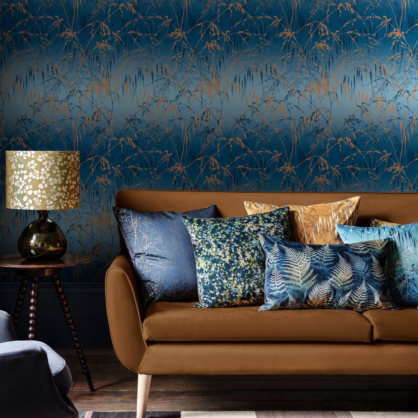 120380 - Meadow Grass Wallpaper - French Navy & Copper - Clarissa Hulse