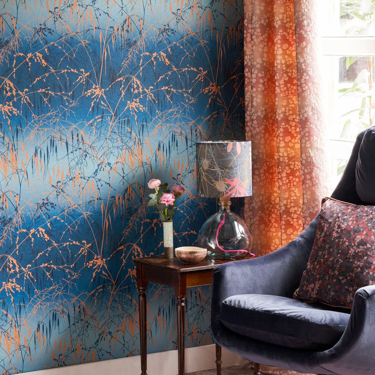 120380 - Meadow Grass Wallpaper - French Navy & Copper - Clarissa Hulse