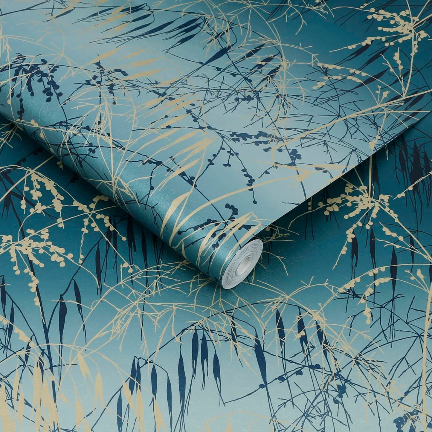 120391 - Meadow Grass Wallpaper - Teal & Soft Gold - Clarissa Hulse