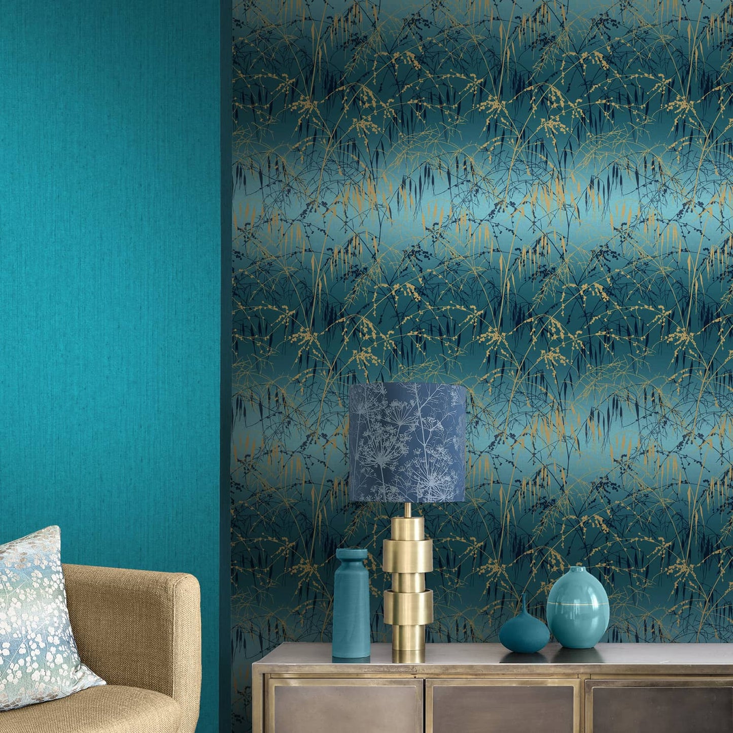 120391 - Meadow Grass Wallpaper - Teal & Soft Gold - Clarissa Hulse