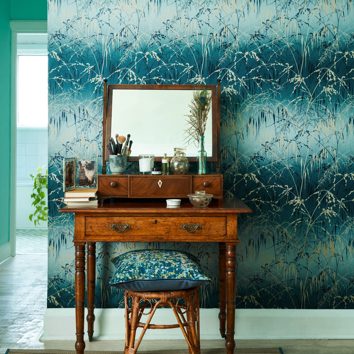 120391 - Meadow Grass Wallpaper - Teal & Soft Gold - Clarissa Hulse