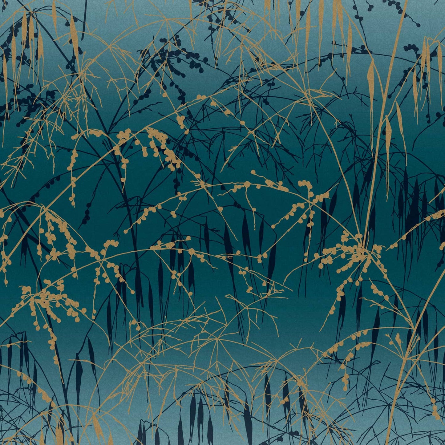 120391 - Meadow Grass Wallpaper - Teal & Soft Gold - Clarissa Hulse