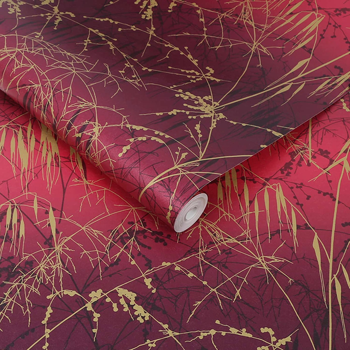 120396 - Meadow Grass Wallpaper - Damson & Soft Gold - Clarissa Hulse