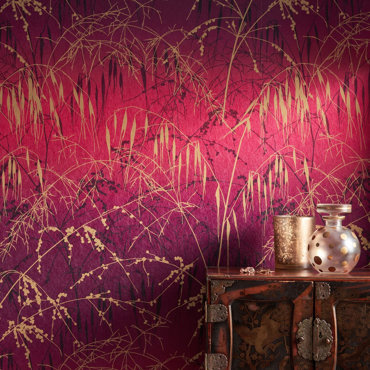 120396 - Meadow Grass Wallpaper - Damson & Soft Gold - Clarissa Hulse