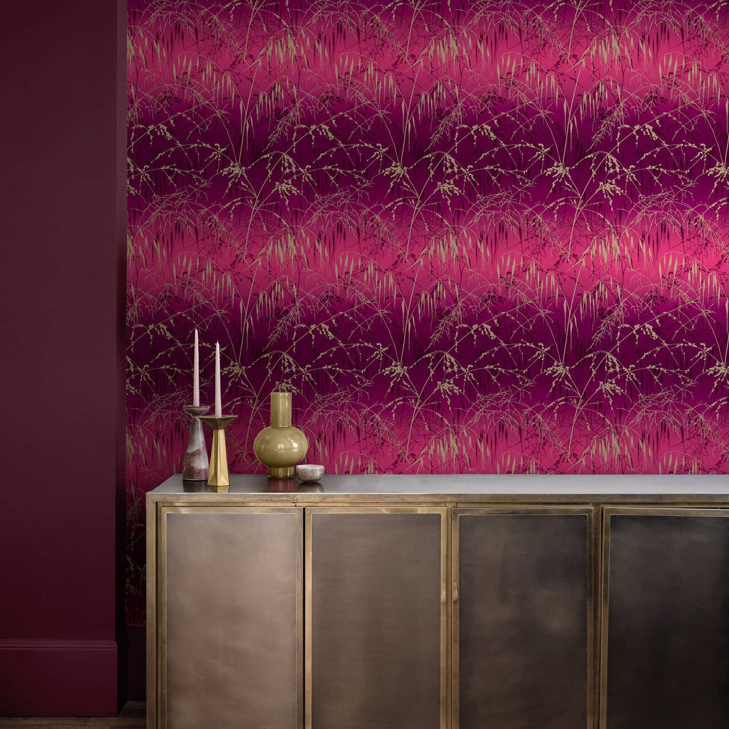 120396 - Meadow Grass Wallpaper - Damson & Soft Gold - Clarissa Hulse
