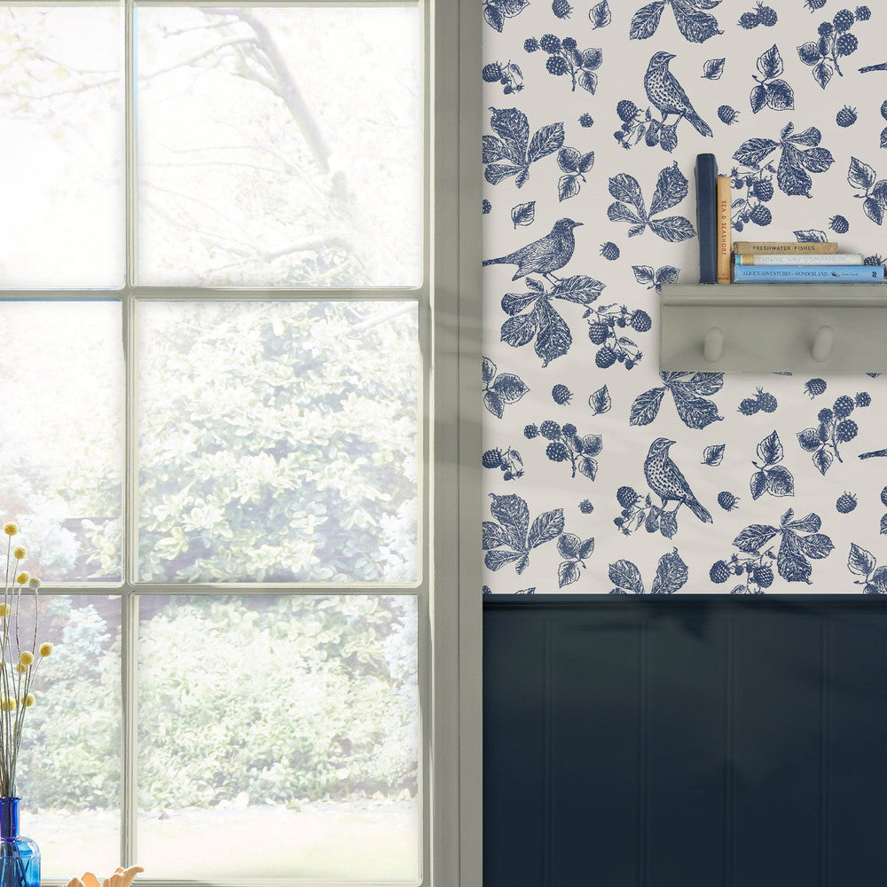 120868 - Blackberry Bird Wallpaper - Cream - Joules