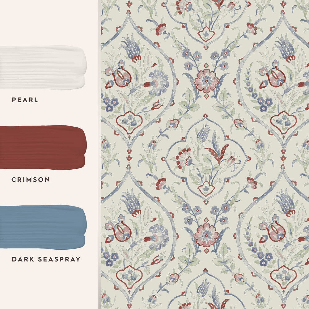 121069 - Foscot Damask Wallpaper - Crimson Red - Laura Ashley