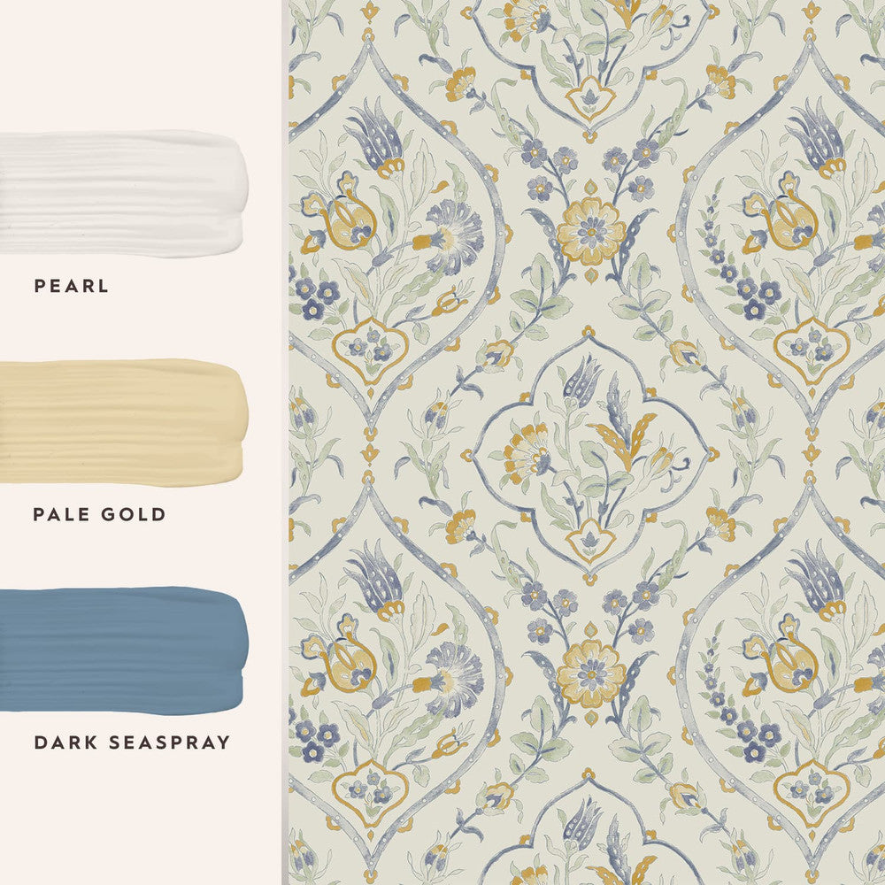 121070 - Foscot Damask Wallpaper - Pale Ochre Yellow - Laura Ashley