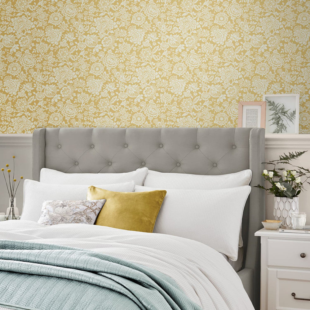 121072 - Trailing Laurissa Pale Wallpaper - Ochre Yellow - Laura Ashley