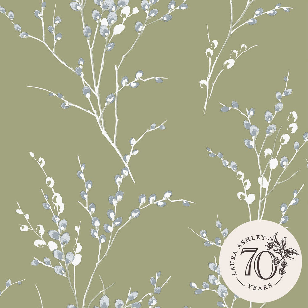 121074 - Pussy Willow Wallpaper - Moss Green - Laura Ashley