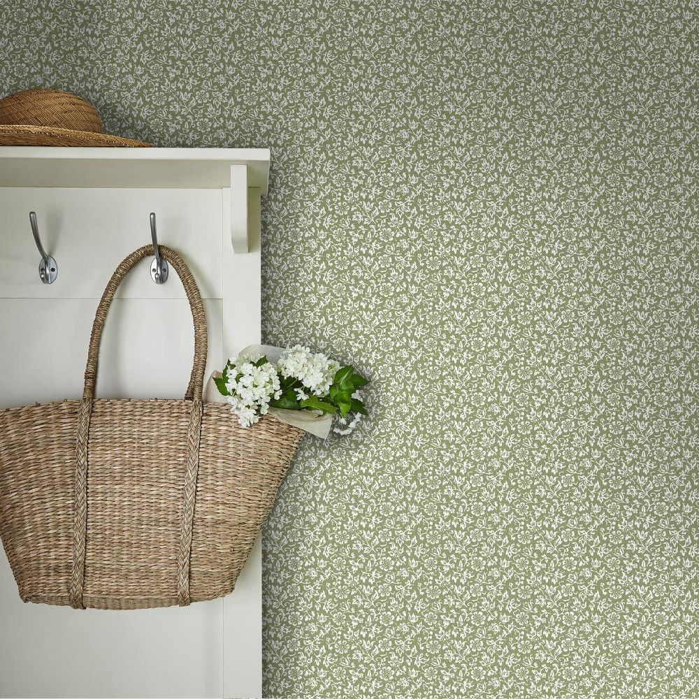 121077 - Sweet Alyssum Wallpaper - Moss Green - Laura Ashley
