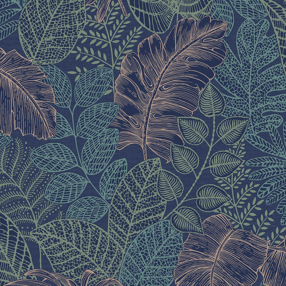 122422 - Scattered Leaves Wallpaper - Blue & Copper - Superfresco Easy