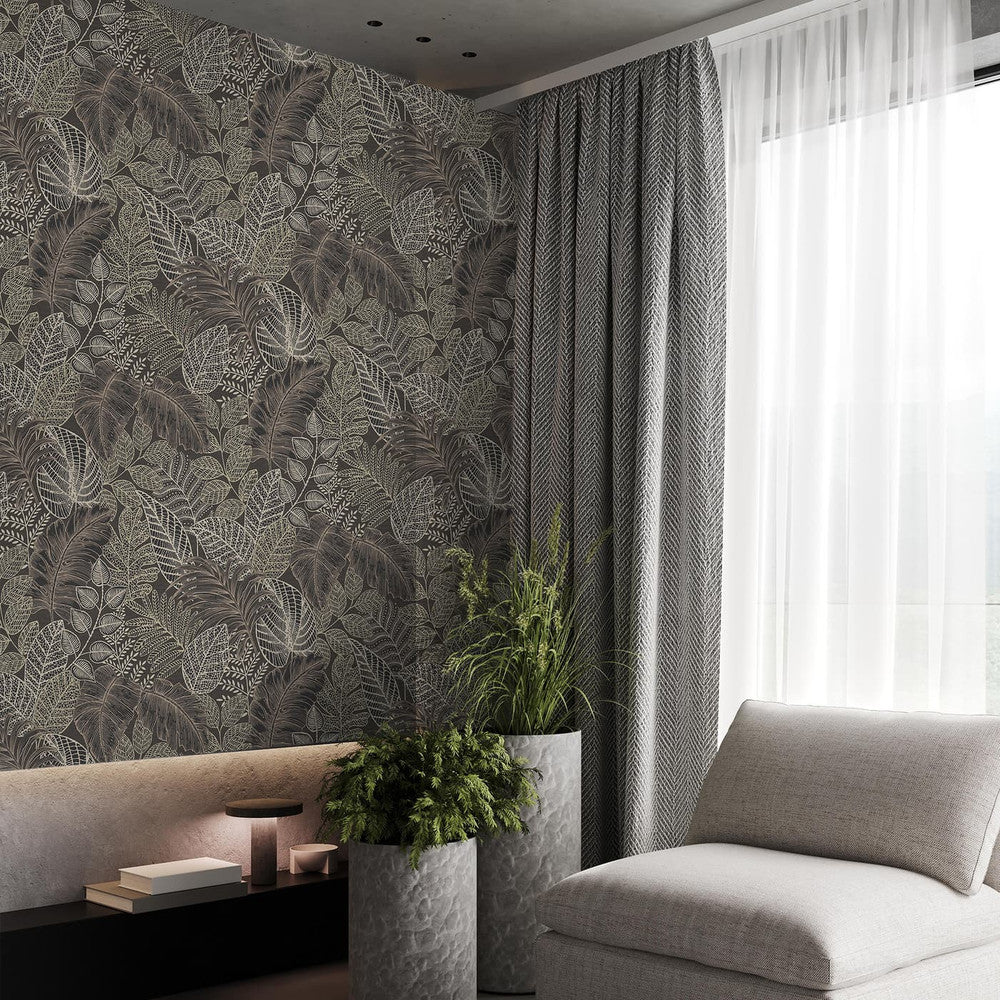 122425 - Scattered Leaves Wallpaper - Charcoal & Gold - Superfresco Easy