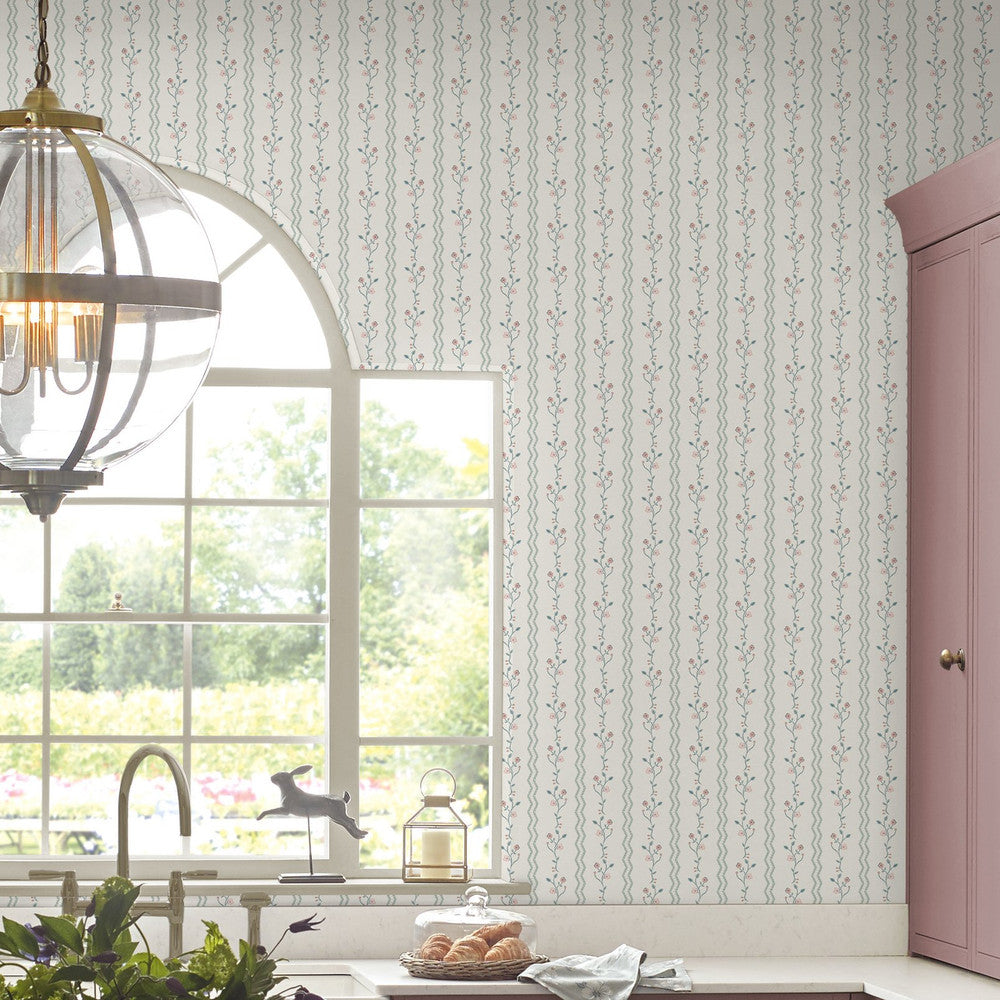 122748 - Blencow Stripe Wallpaper - Dark Duck Egg Blue - Laura Ashley