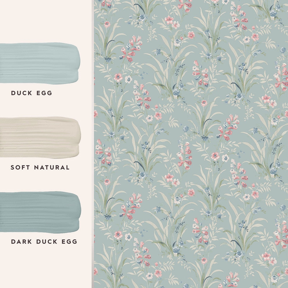 122751 - Mosedale Posy Wallpaper - Dark Duck Egg Blue - Laura Ashley