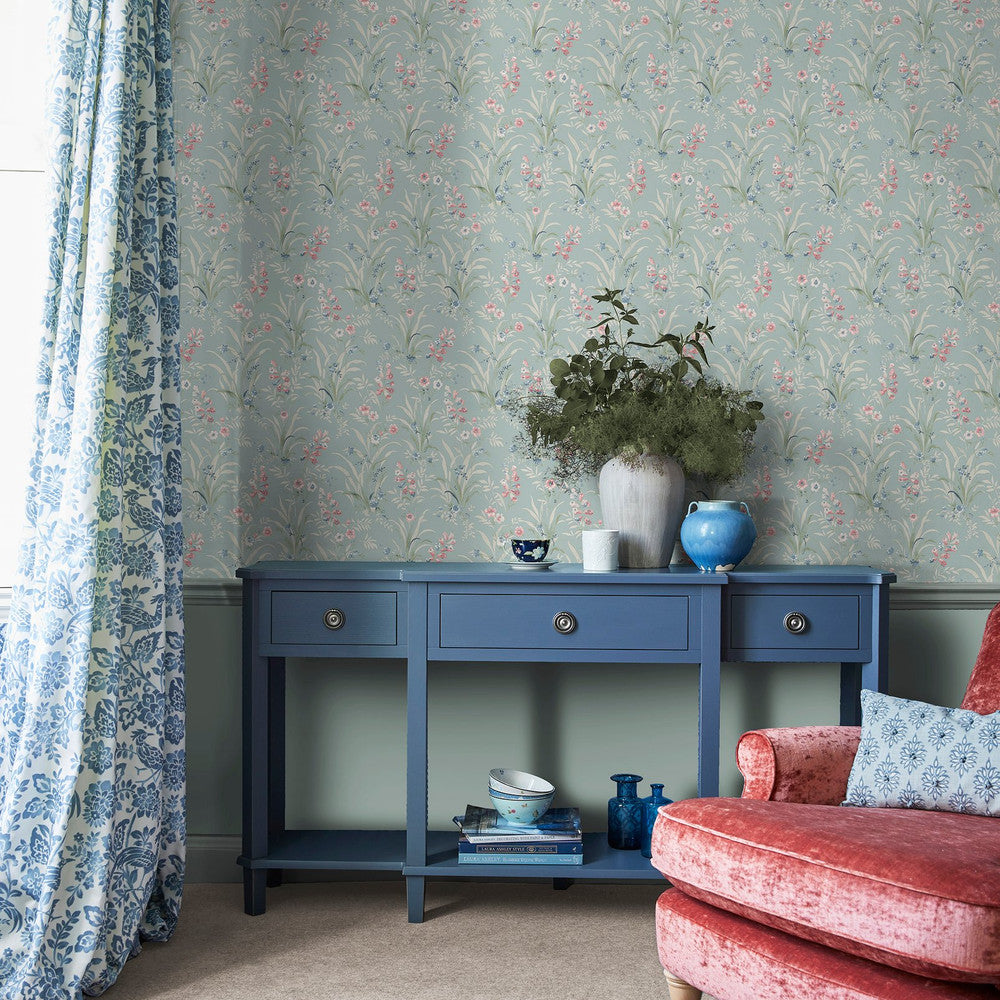 122751 - Mosedale Posy Wallpaper - Dark Duck Egg Blue - Laura Ashley