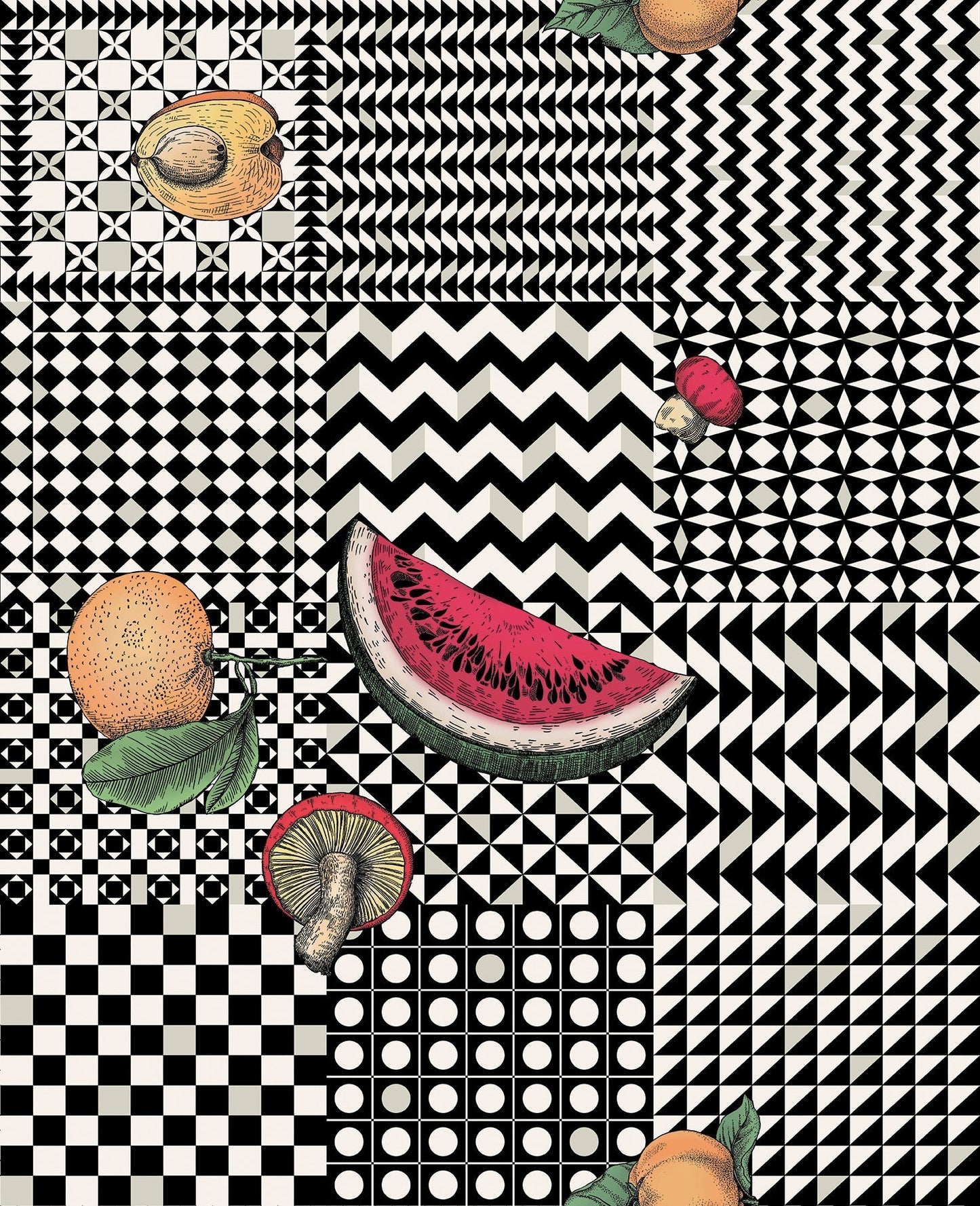 123/6027 - Frutta e Geometrico Wallpaper - Black, White & Multi - Cole & Son