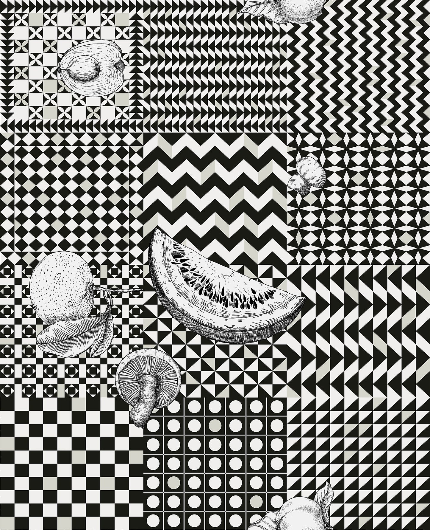 123/6030 - Frutta e Geometrico Wallpaper - Black & White - Cole & Son