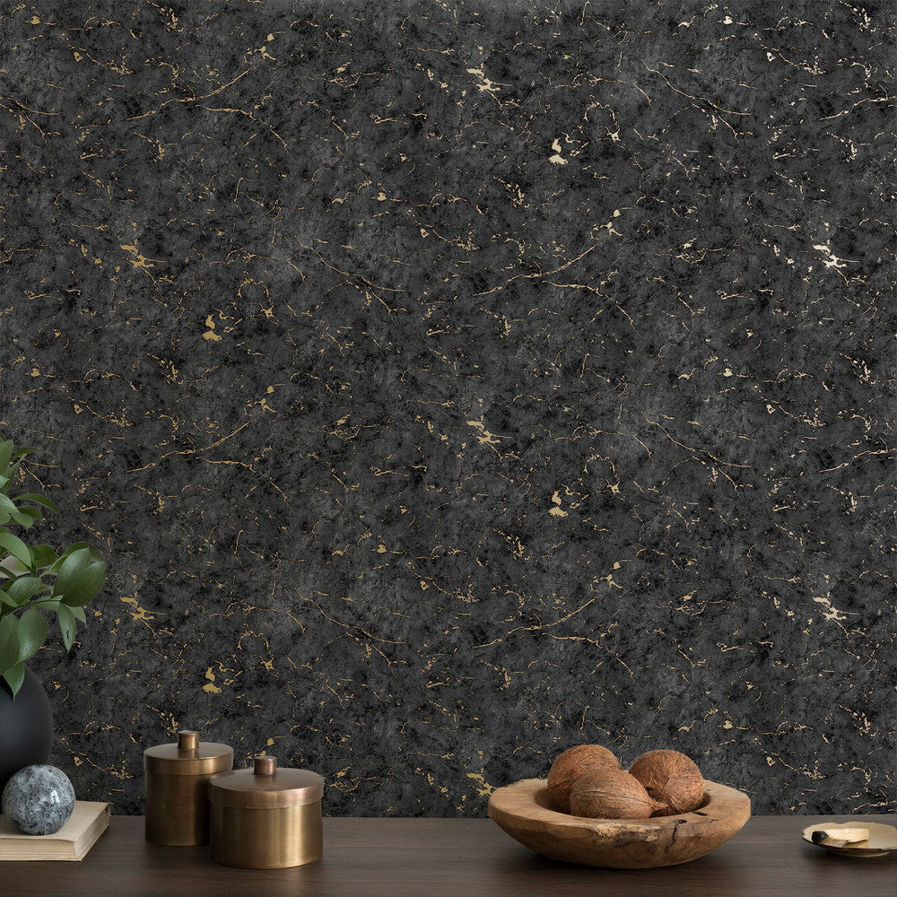 125063 - Gilded Plaster Wallpaper - Black & Gold - Superfresco Easy