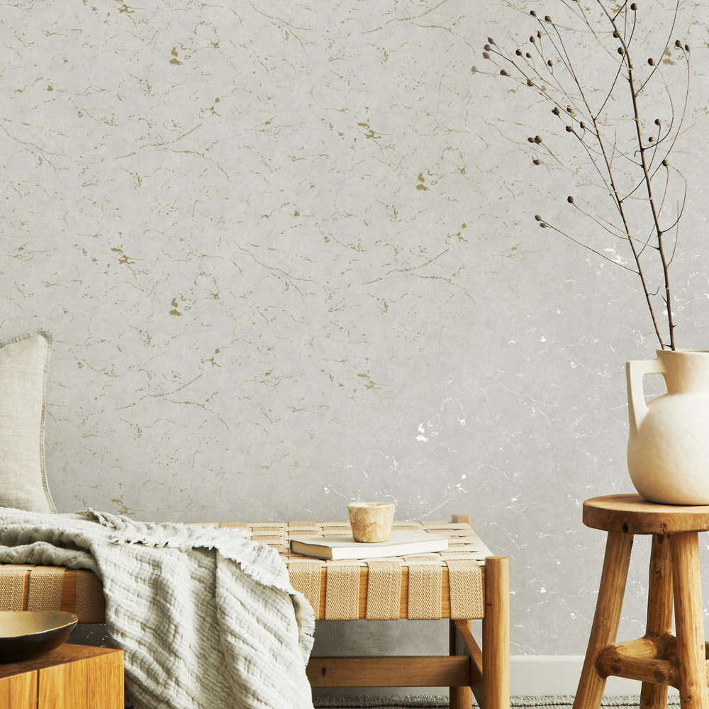 125065 - Gilded Plaster Wallpaper - Neutral & Pale Gold - Superfresco Easy