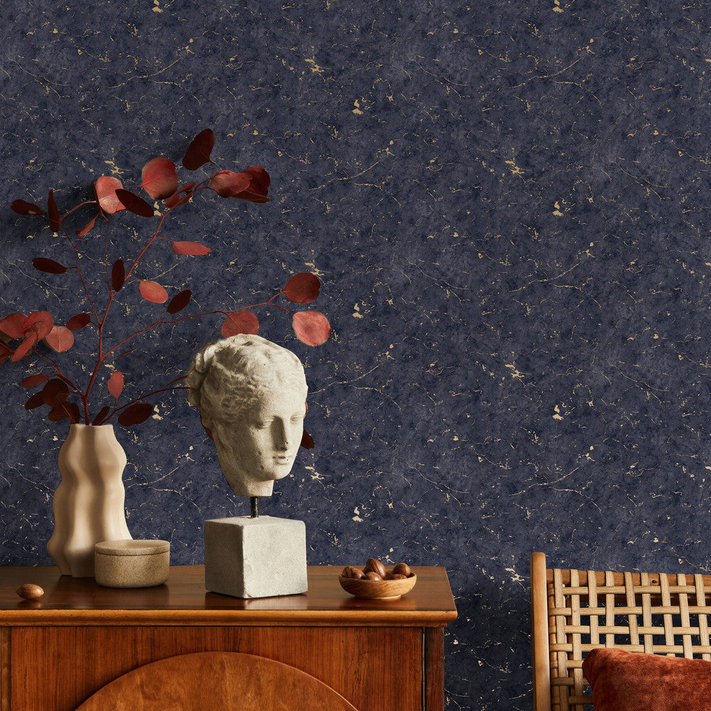 125067 - Gilded Plaster Wallpaper - Navy & Copper - Superfresco Easy