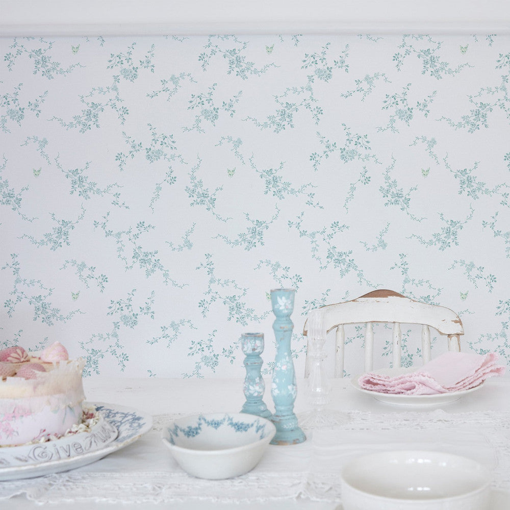 125108 - Butterflies Wallpaper - Duck Egg - Shabby Chic