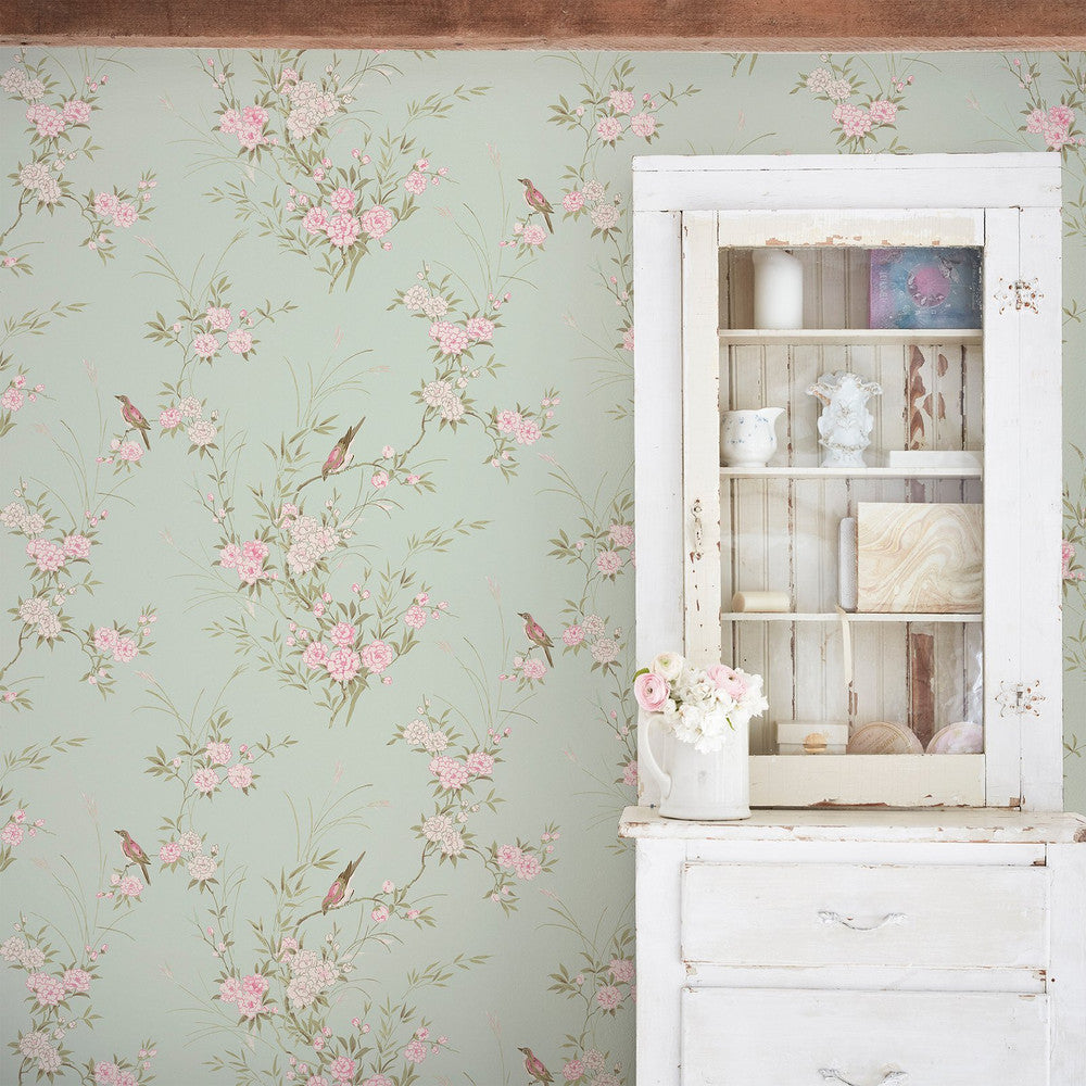 125120 - Bird Chinoiserie Wallpaper - Green - Shabby Chic