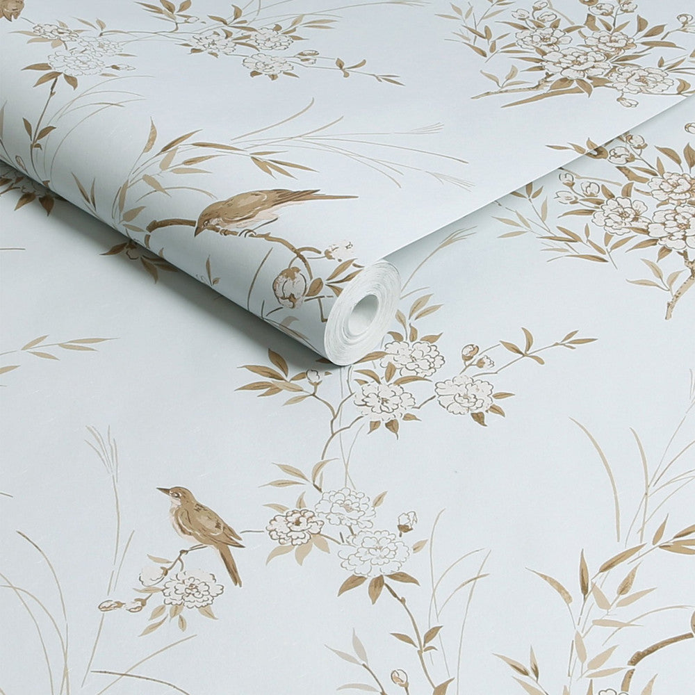 125121 - Bird Chinoiserie Wallpaper - Blue & Gold - Shabby Chic