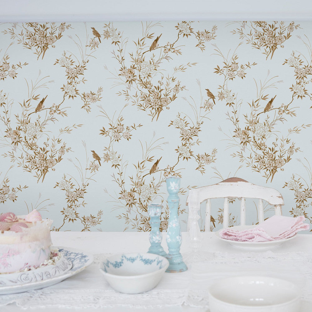 125121 - Bird Chinoiserie Wallpaper - Blue & Gold - Shabby Chic