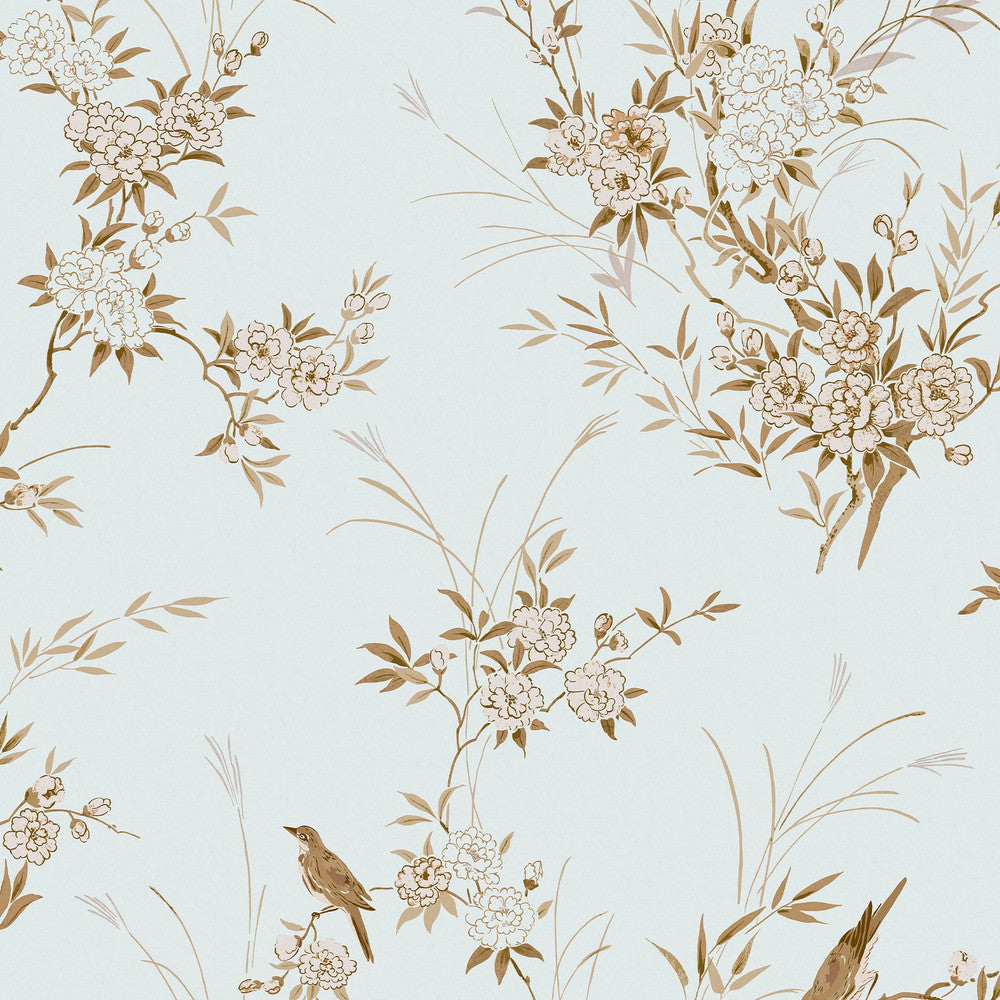 125121 - Bird Chinoiserie Wallpaper - Blue & Gold - Shabby Chic