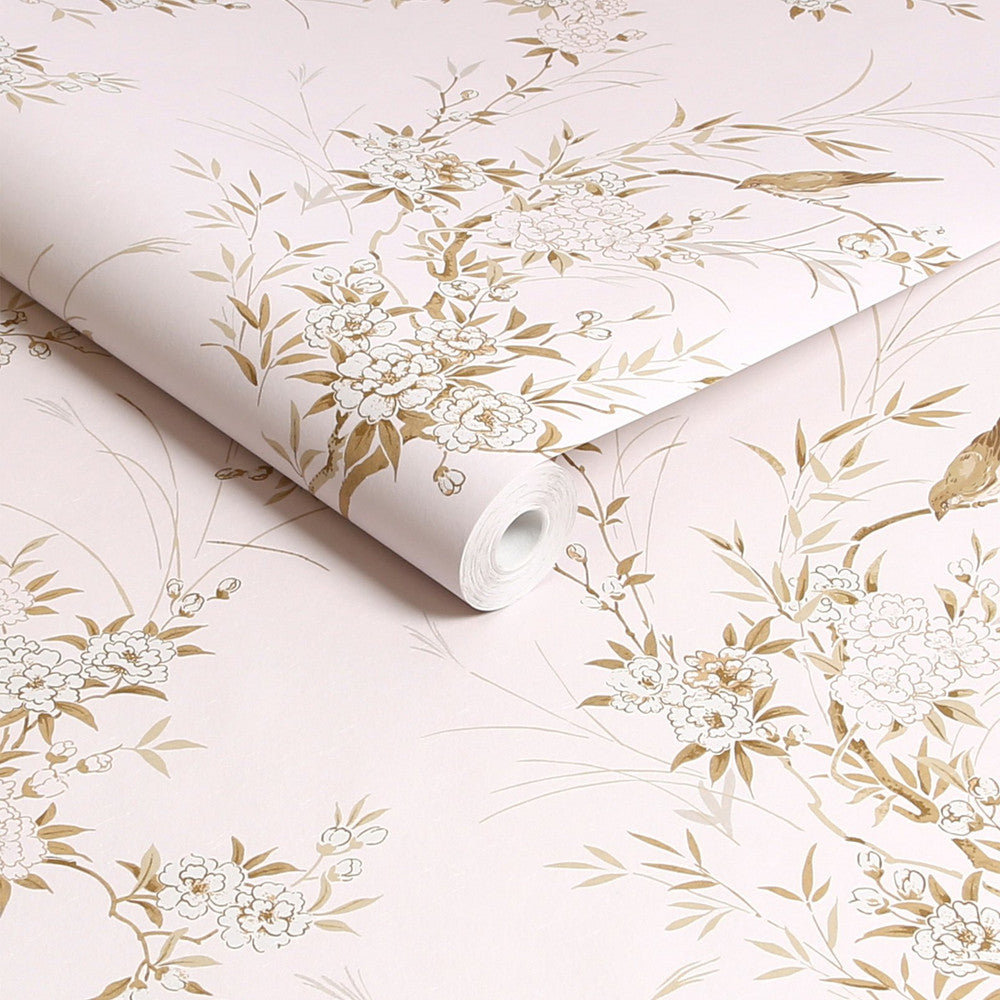 125122 - Bird Chinoiserie Wallpaper - Pink & Gold - Shabby Chic