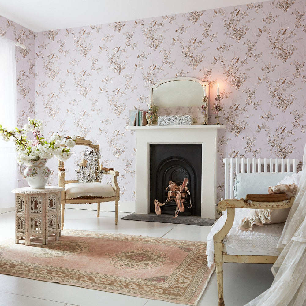 125122 - Bird Chinoiserie Wallpaper - Pink & Gold - Shabby Chic