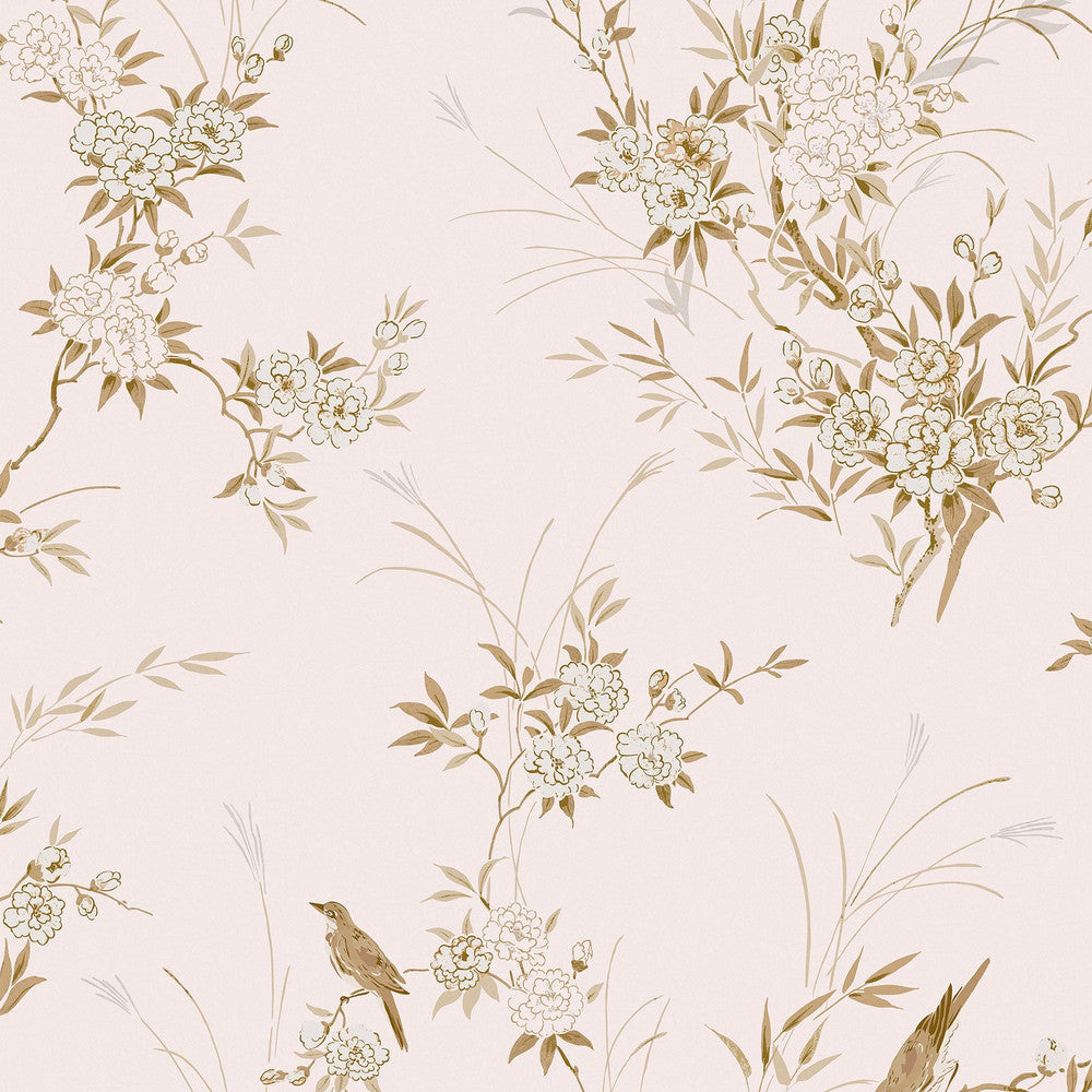 125122 - Bird Chinoiserie Wallpaper - Pink & Gold - Shabby Chic