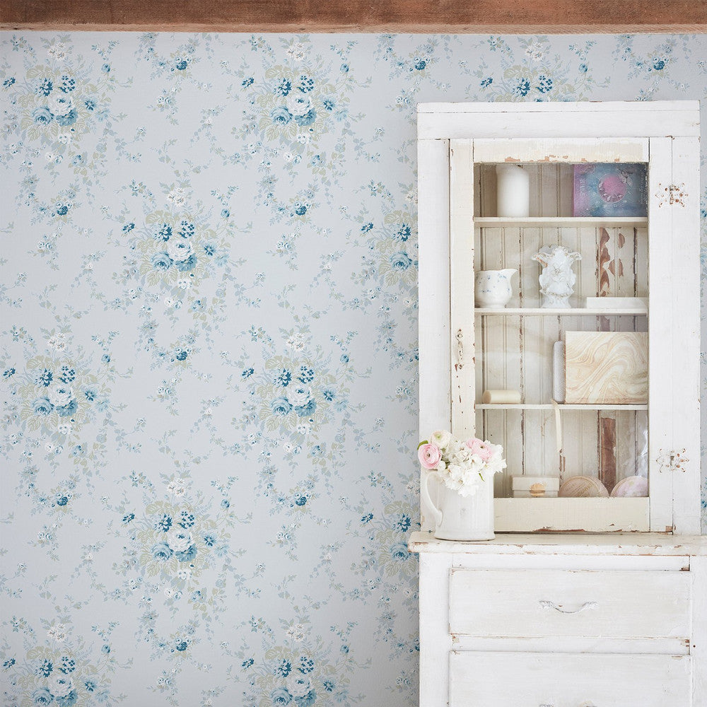 125128 - Garden Floral Wallpaper - Soft Blue - Shabby Chic