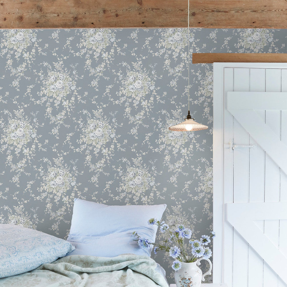 125129 - Garden Floral Wallpaper - Slate Grey - Shabby Chic