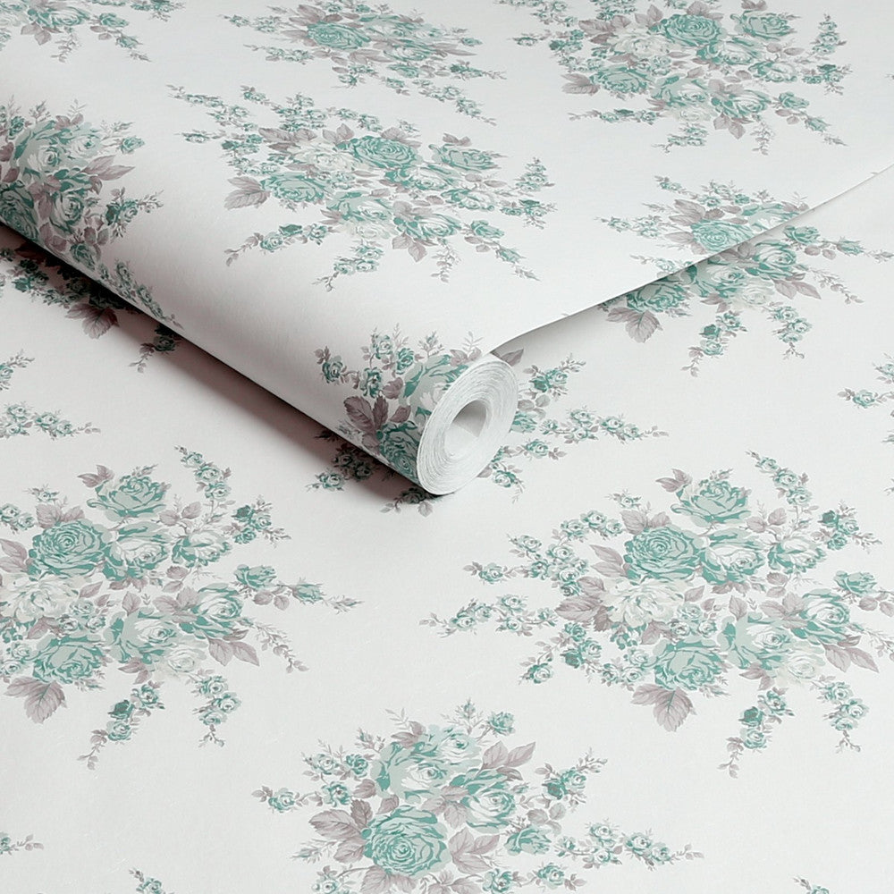125134 - Rose Blossom Wallpaper - Teal - Shabby Chic