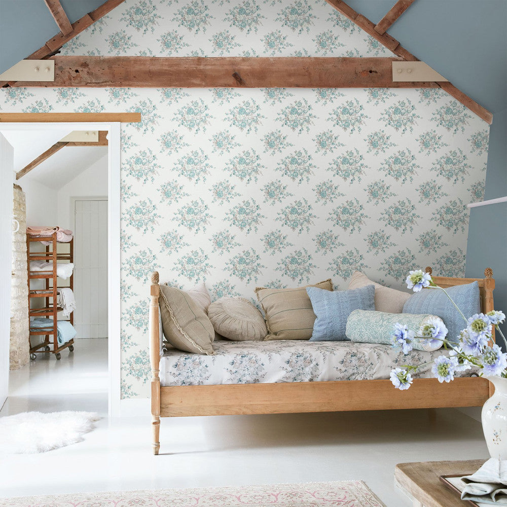125134 - Rose Blossom Wallpaper - Teal - Shabby Chic