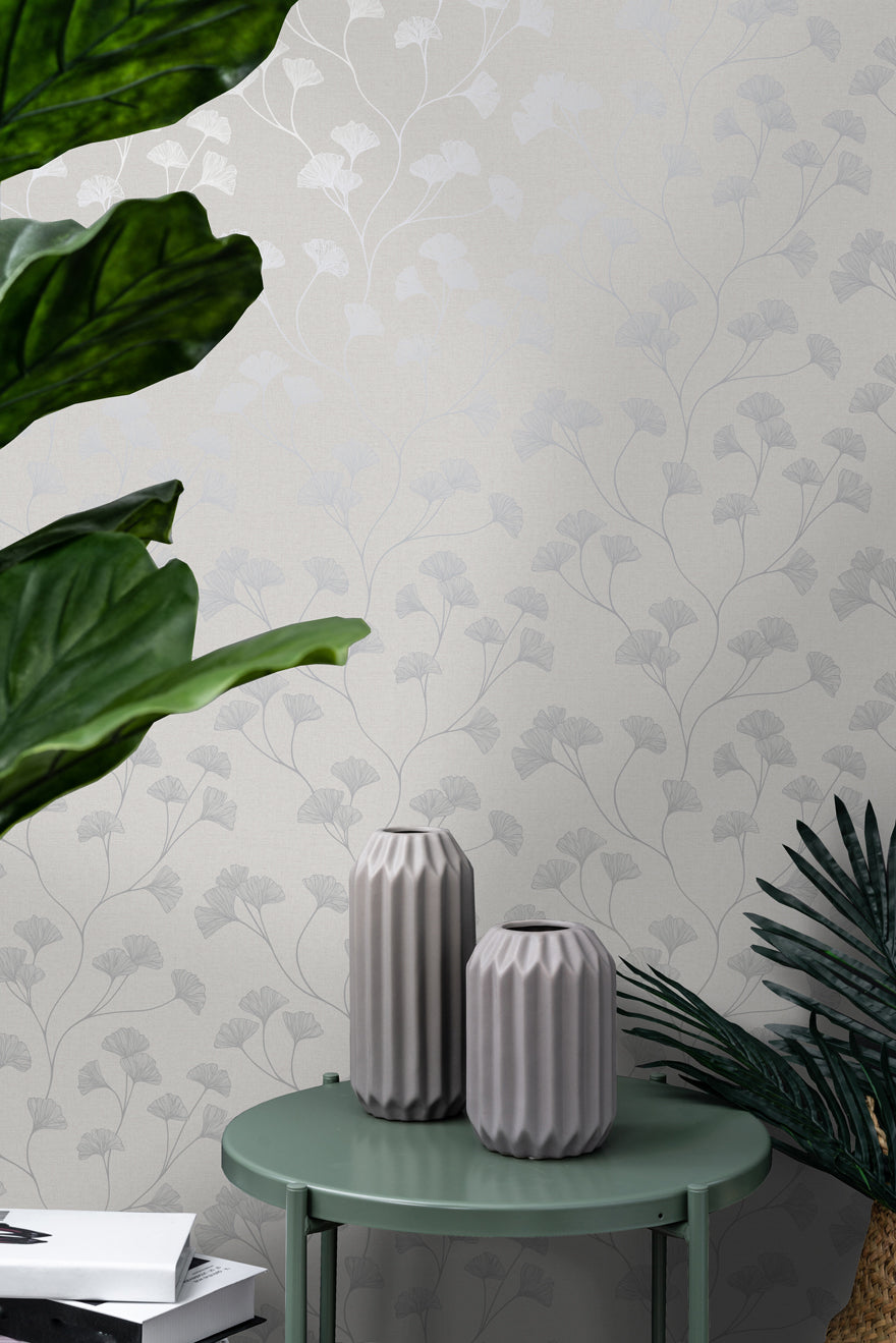 12700 - Glistening Ginkgo Wallpaper - Grey/Silver - Holden Decor