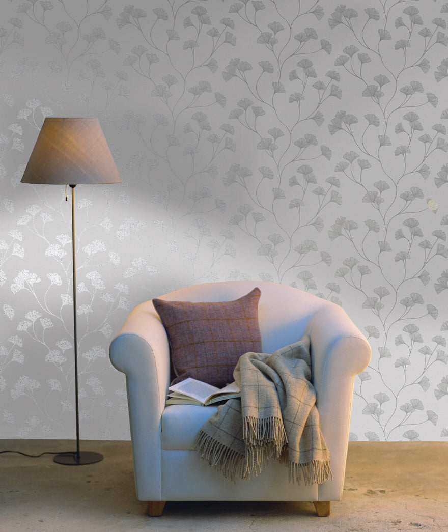 12700 - Glistening Ginkgo Wallpaper - Grey/Silver - Holden Decor